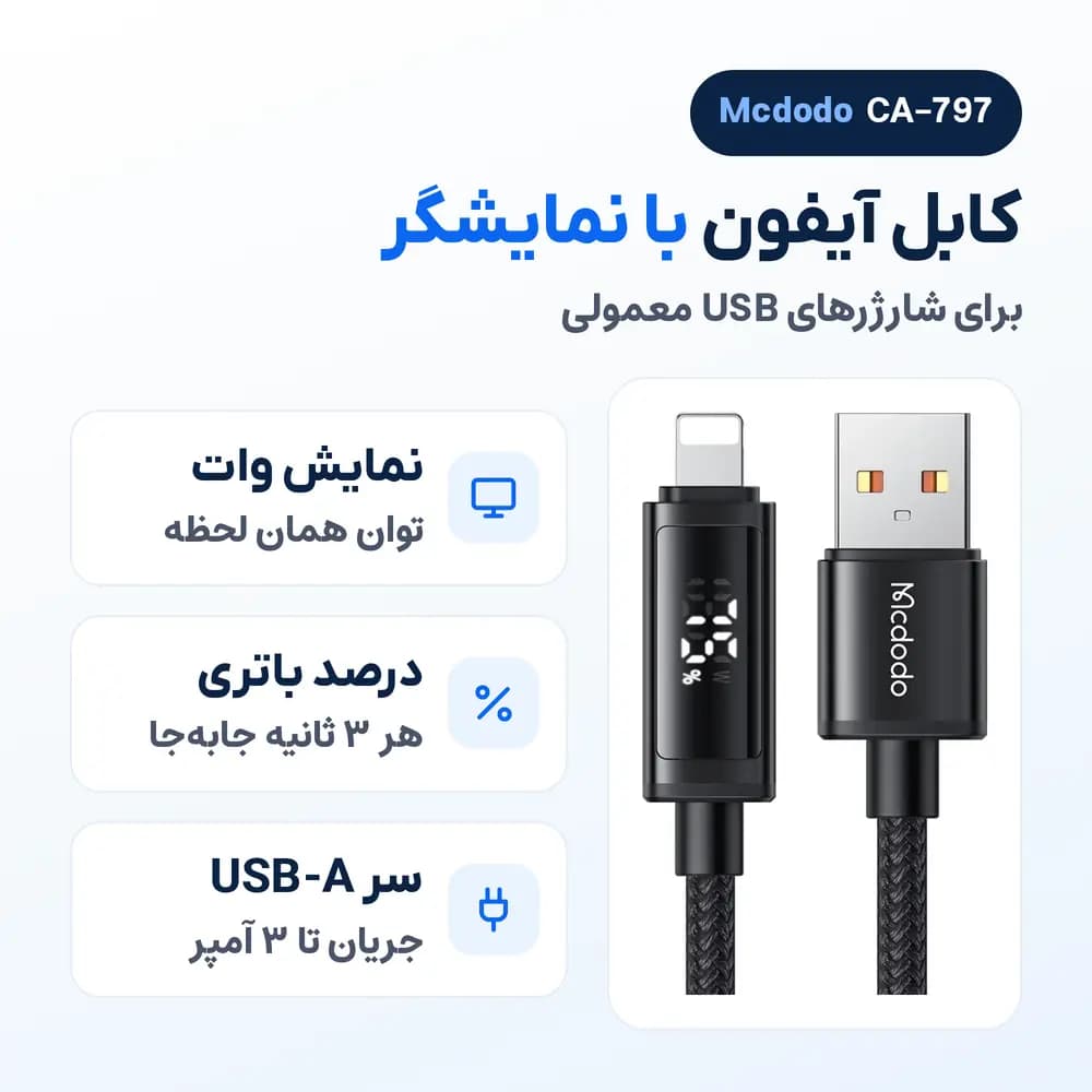 کابل شارژ آیفون USB به لایتنینگ مک دودو Mcdodo CA-797 با نمایشگر، 3 آمپر — تصویر ۲