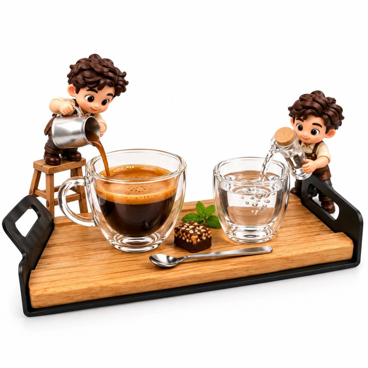 ست سرو اسپرسو تکنفره دینال با سینی چوبی، فنجان دوجداره و لیوان آب