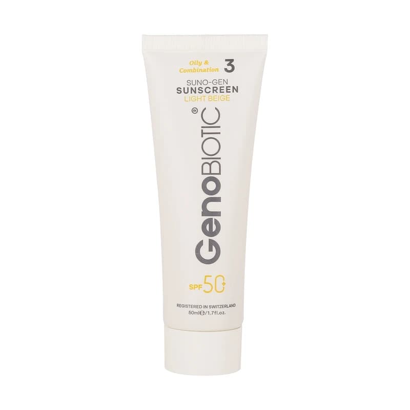 کرم ضدآفتاب رنگی ژنوبایوتیک SPF 50 مدل 03 رنگ بژ روشن مناسب پوستهای چرب، حجم 50 میلیلیتر — تصویر ۳