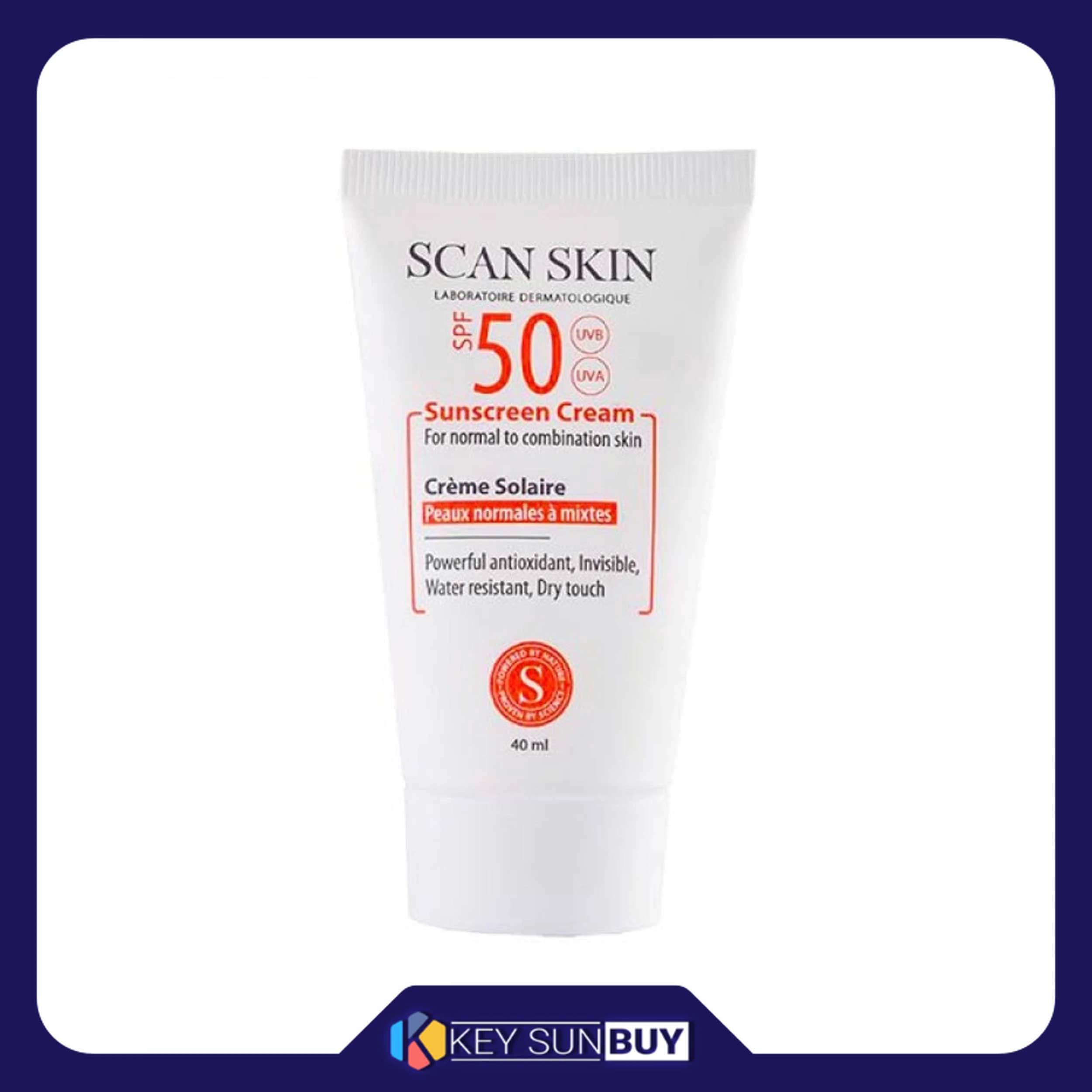 مراقبت پوست کرم ضد آفتاب بدون رنگ اسکن اسکین مدل SPF50 محافظ UVA ،UVB، ضد آب، مرطوب‌کننده، مناسب پوست‌های معمولی و مختلط حجم 40 میلی‌لیتر