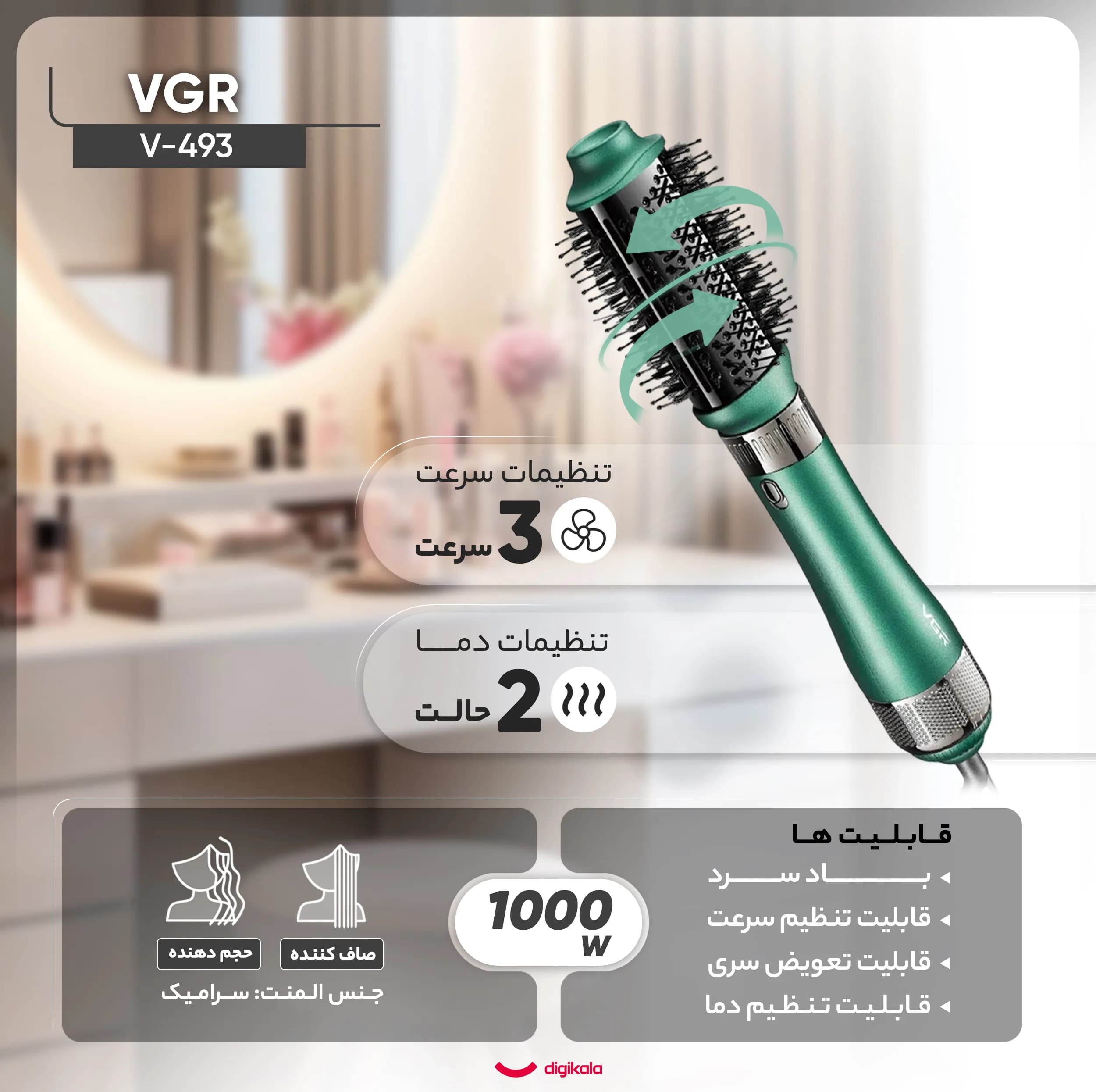 سشوار برس‌دار حالت‌دهنده 1000 وات وی جی ار مدل V-493، موتور DC، وزن 300 گرم، المنت سرامیک، دارای سری متمرکز‌کننده باریک، متمرکز‌کننده پهن، سری برس‌دار گرد پهن، سری برس‌دار تخت با ویژگی صاف‌کنندگی، حجم — تصویر ۷