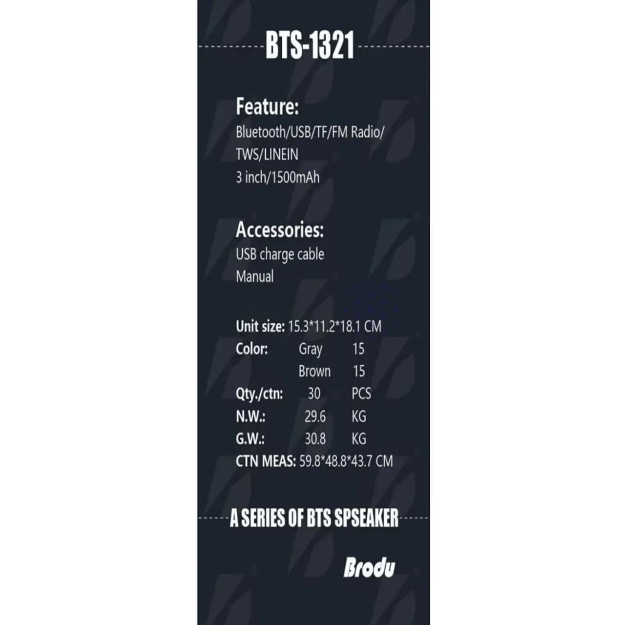 اسپیکر بی سیم Brodu مدل BTS-1321 – مشکی – TCO — تصویر ۴