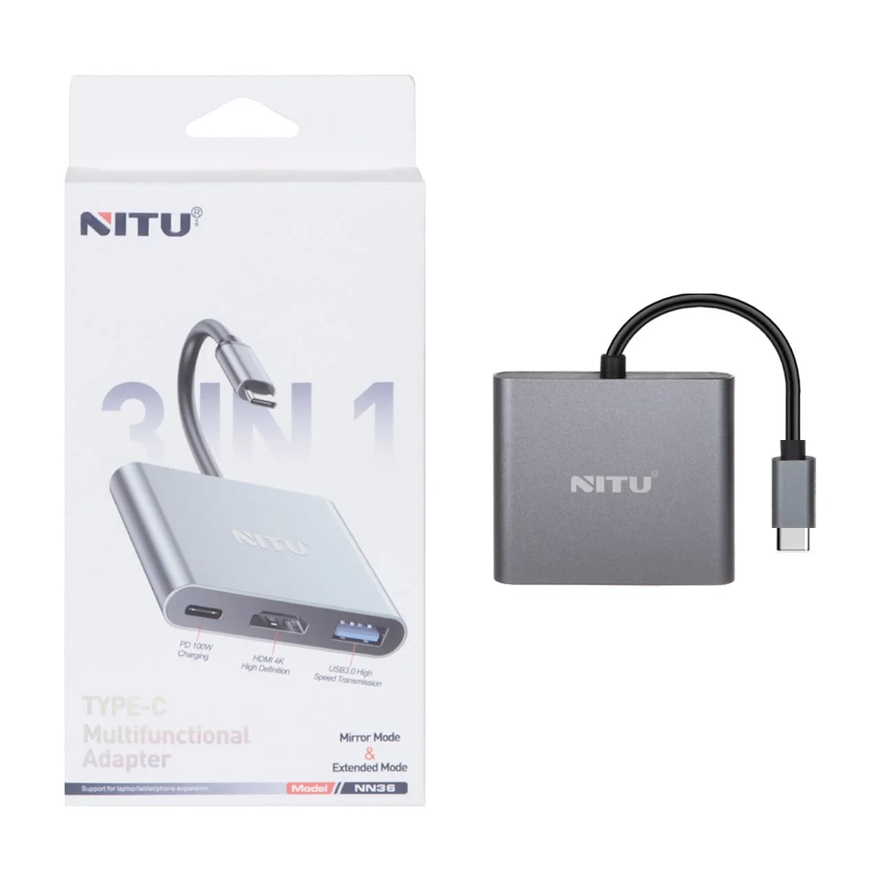 هاب و تبدیل Type-C به HDMI مدل NITU NN36 ، سه پورت مخصوص موبایل و تبلت و لپ تاپ – رنگ خاکستری (گارانتی 12 ماه تعویض نیکان همراه)
