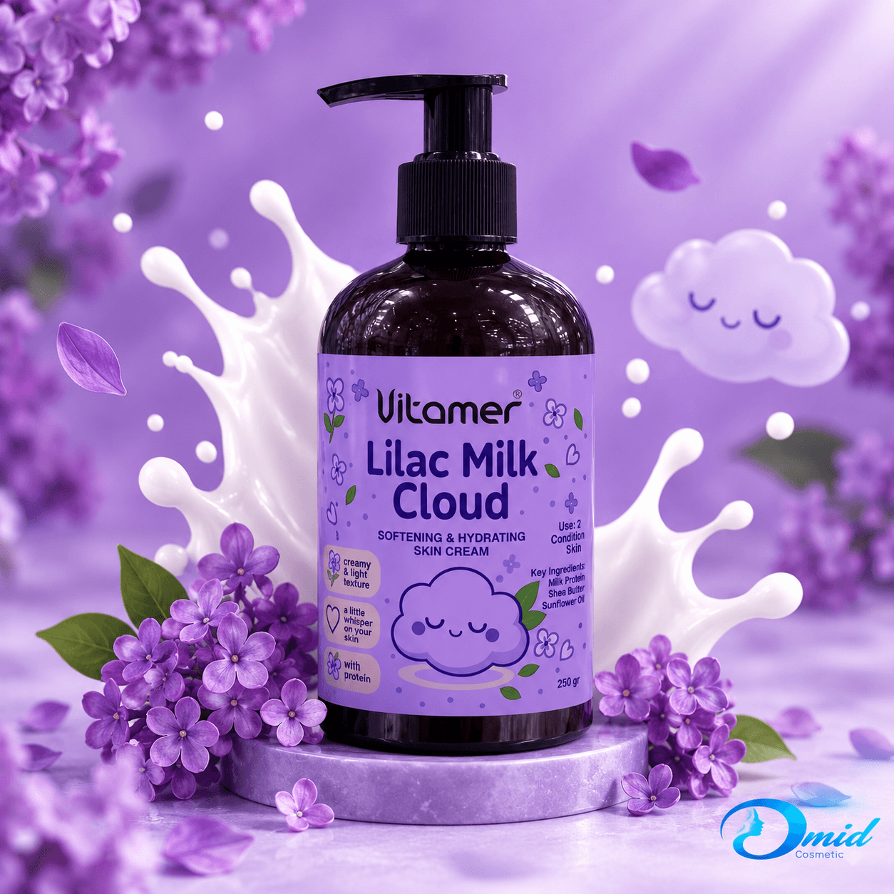 کرم مرطوب کننده و آبرسان پوست ویتامر (VITAMER) مدل LILAC MILK CLOUD حجم ۲۵۰ گرم