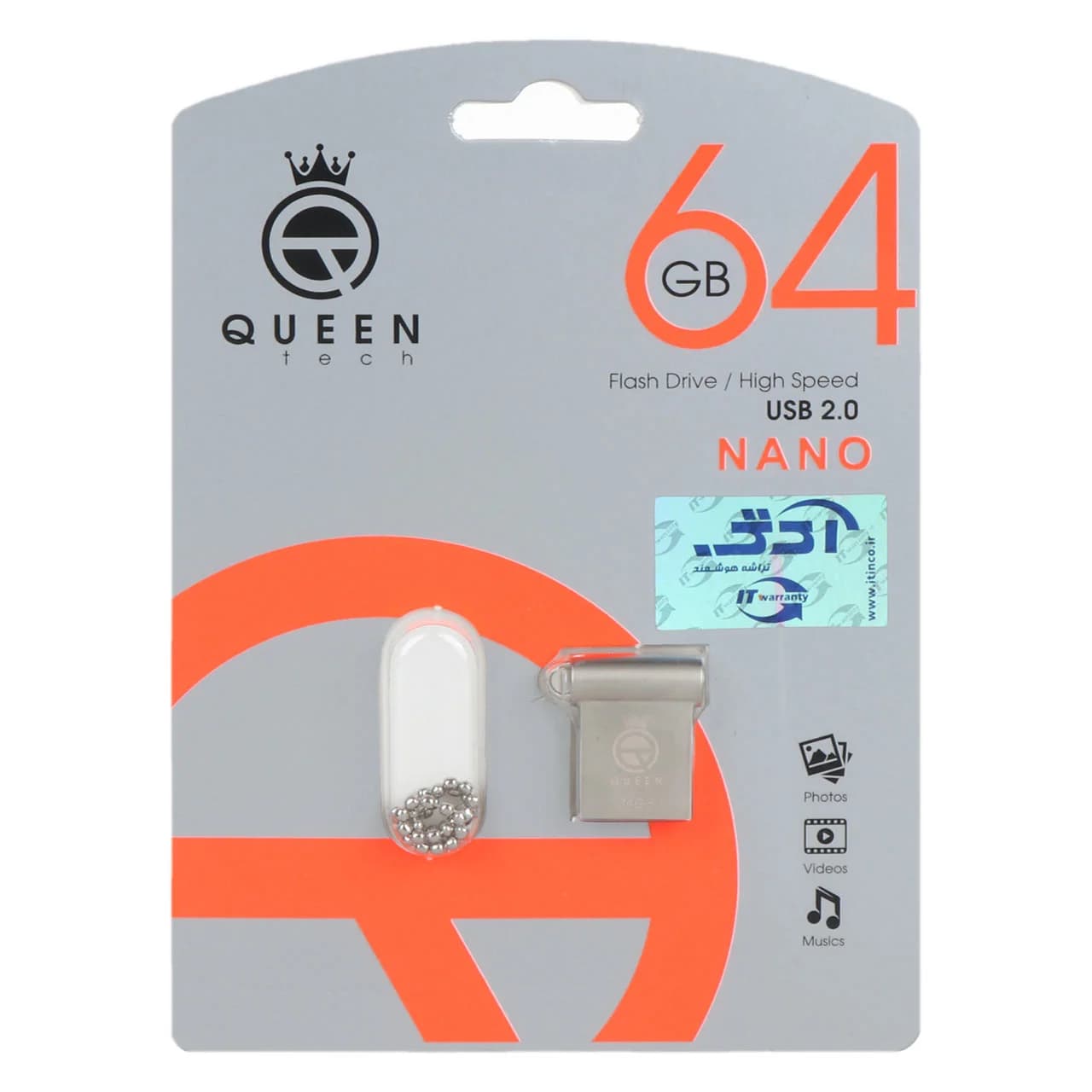 Queen NANO USB2.0 Flash Memory-64GB نقره ای (گارانتی مادام العمر شرکت آی تین) — تصویر ۳