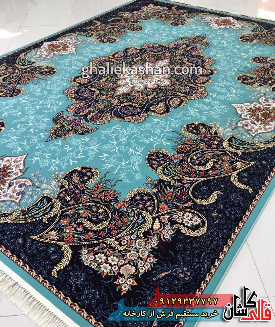 فرش 1000 شانه طرح شهرزاد زمینه فیروزه ای کاشان