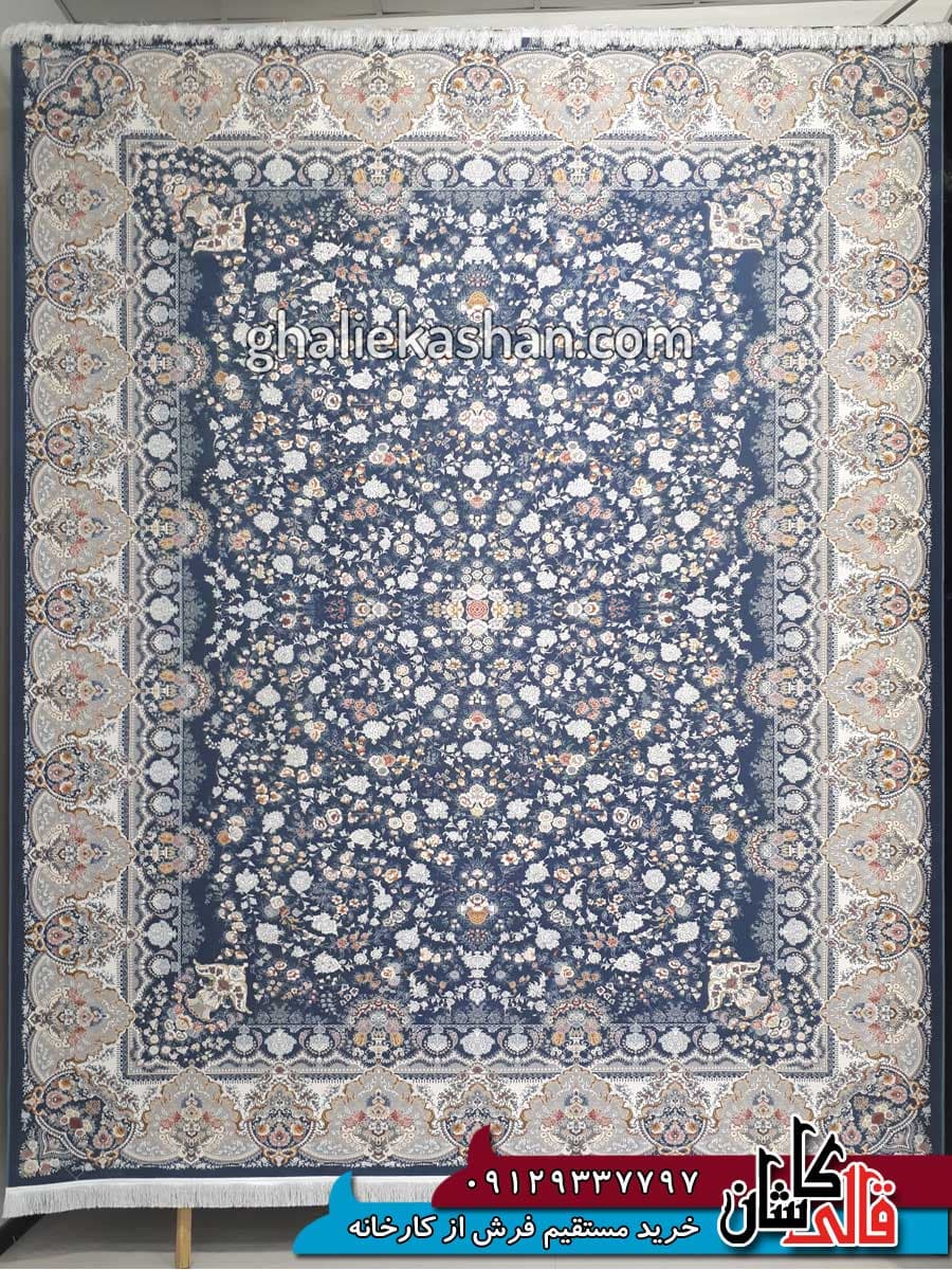 فرش 1500 شانه طرح باغ جان زمینه آبی اطلسی کاشان – گل برجسته