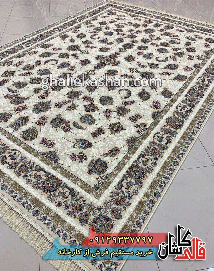 فرش 1000 شانه طرح افشان گل سرخ زمینه کرم چرک کاشان _ گل برجسته