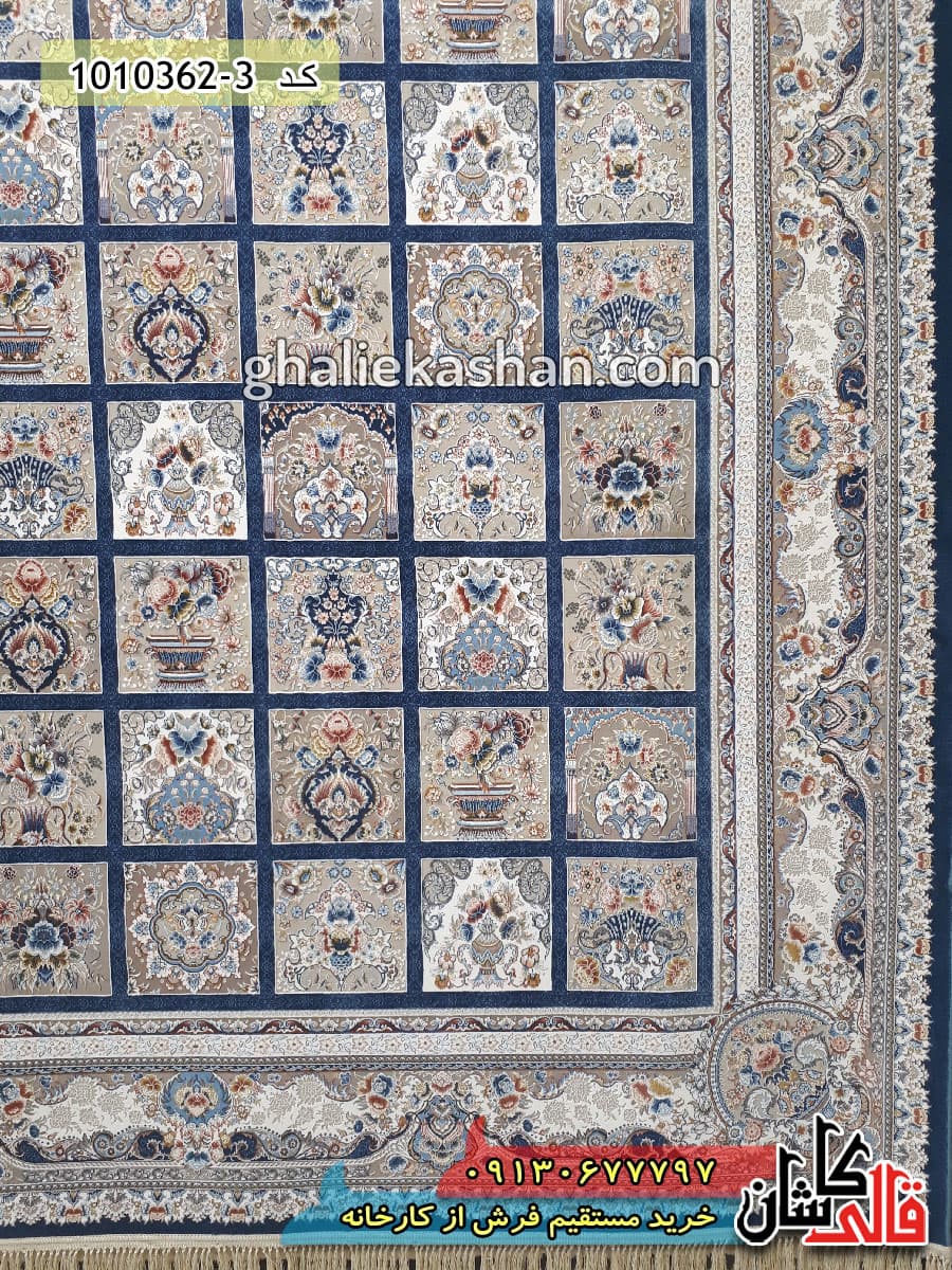 فرش 1200 شانه طرح باغ فین زمینه آبی اطلسی کاشان – گل برجسته — تصویر ۶