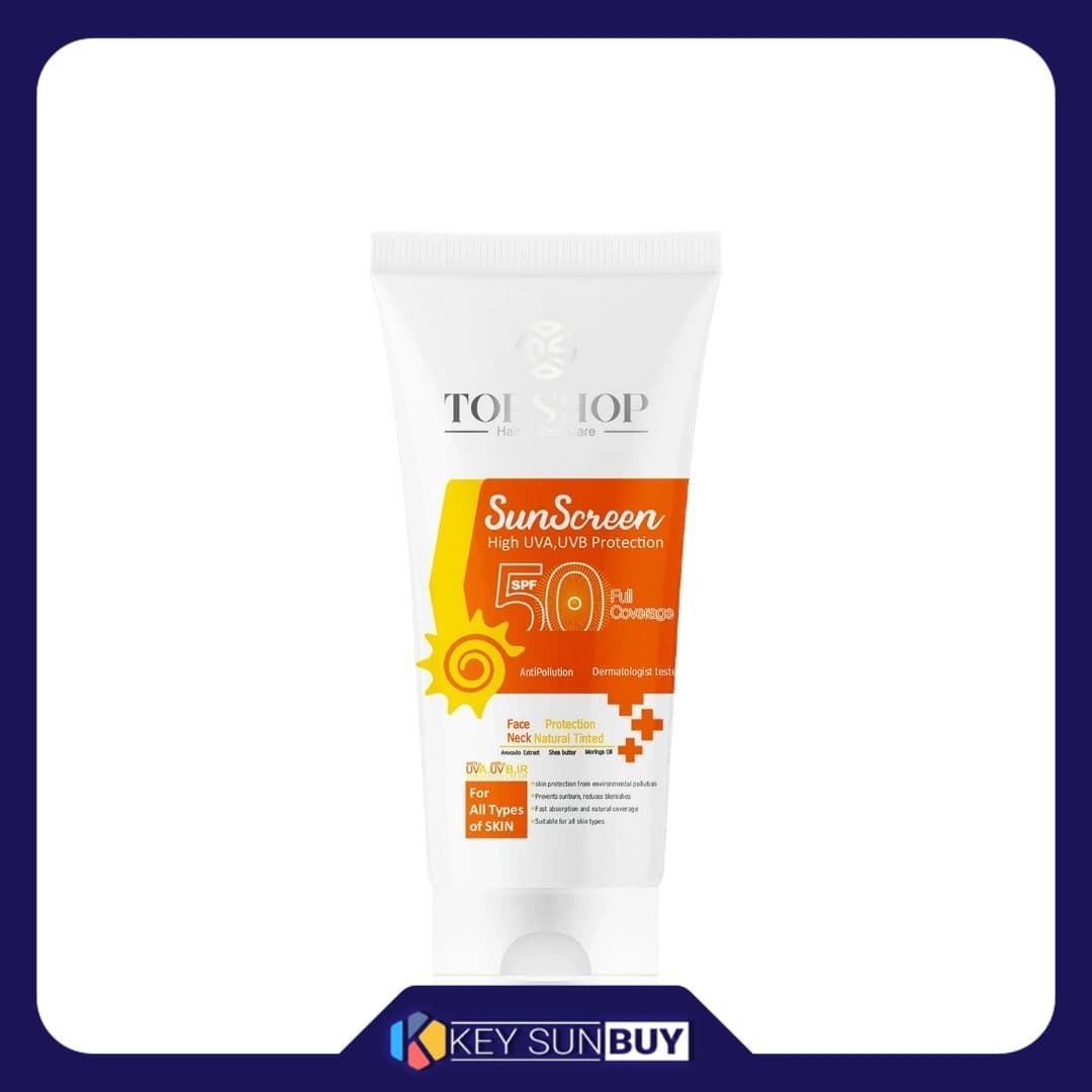 مراقبت پوست کرم ضد آفتاب بی رنگ تاپ شاپ مدل SPF 50 مناسب انواع پوست حجم 50 میلی لیتر