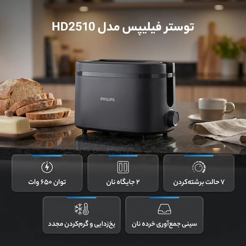 توستر فیلیپس مدل Philips HD2510 | با قابلیت یخزدایی و گرم کردن — تصویر ۳