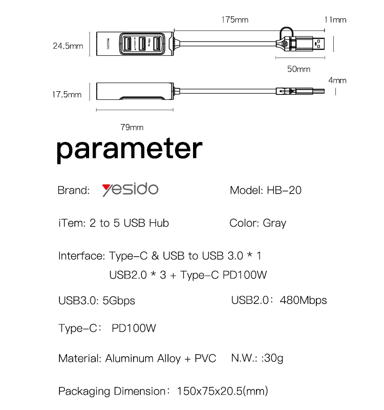 هاب 5 پورت USB/TYPE-C یسیدو Yesido HB20 — تصویر ۲
