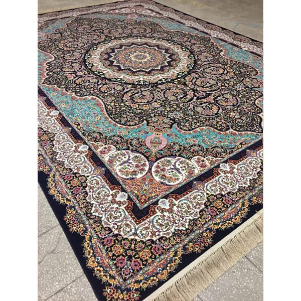 فرش 1200 شانه طرح آذرخش زمینه سرمه ای عقیق کاشان