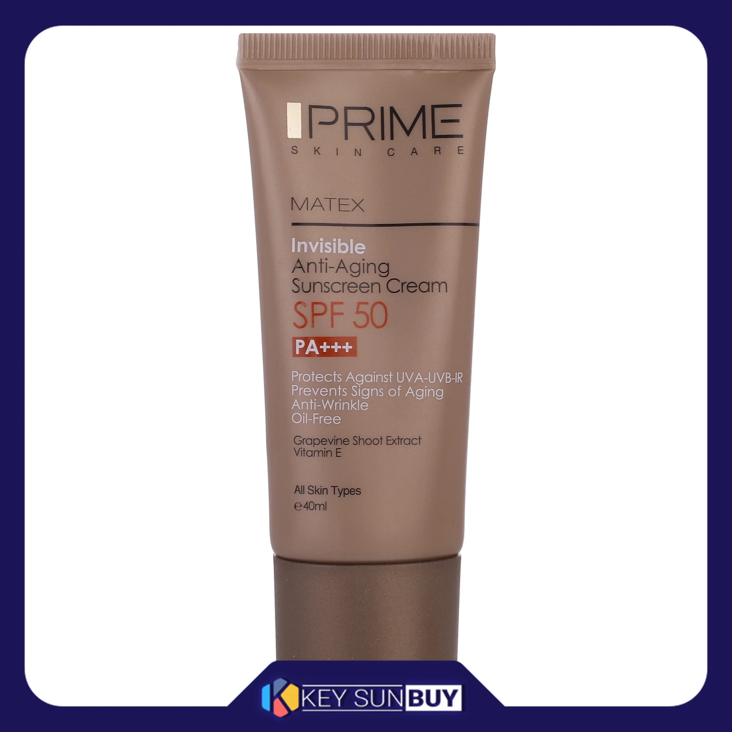 مراقبت پوست کرم ضد آفتاب و جوان کننده بدون رنگ پرایم SPF50 مدل Matex محافظ PA+++ ،UVA ،UVB، ضد چروک، ضد پیری، مناسب انواع پوست حجم 40 میلی‌لیتر