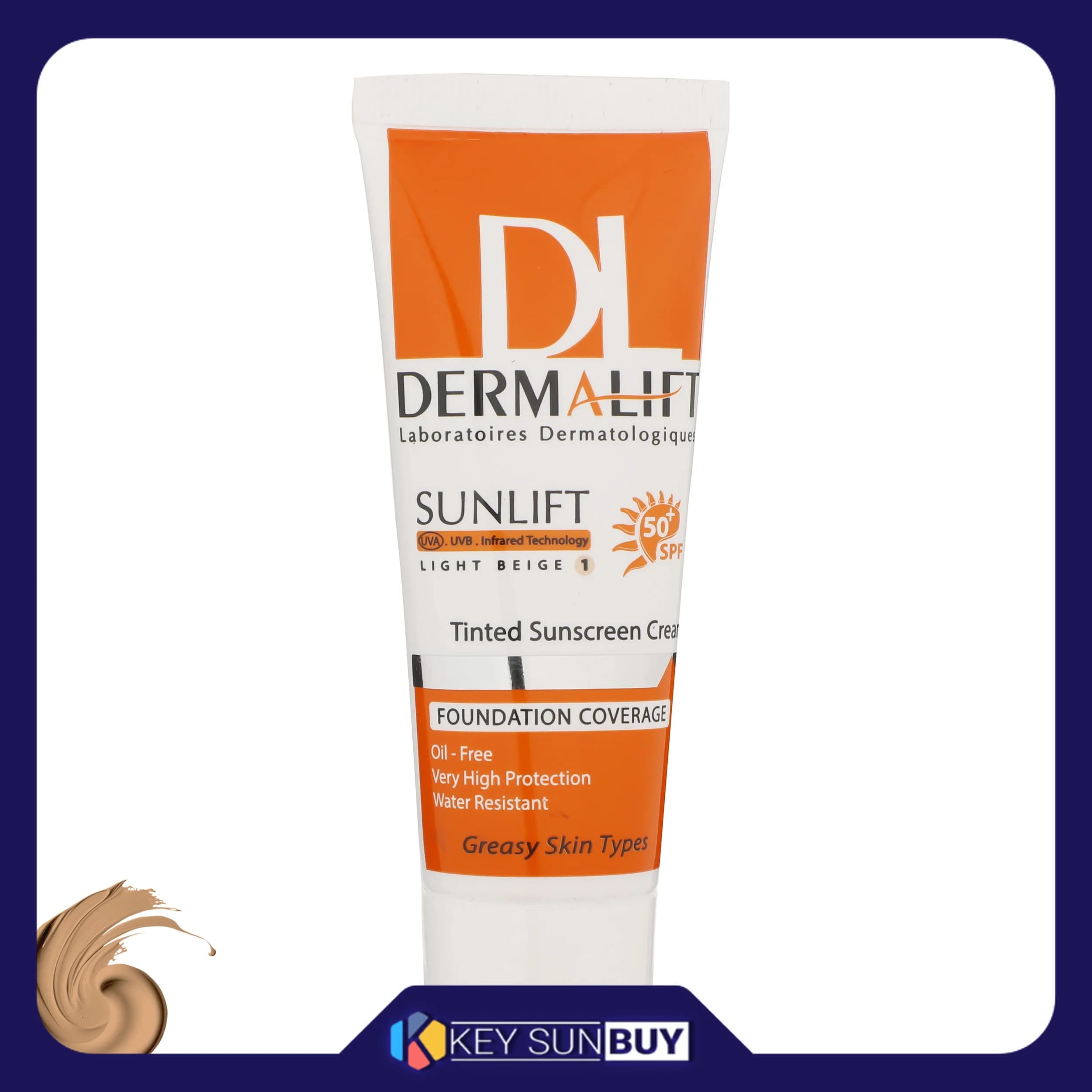مراقبت پوست کرم ضد آفتاب رنگی درمالیفت SFP50 مدل Sunlift SPF50 محافظ UVA ،UVB، ضد آب، مناسب پوست چرب حجم 40 میلی‌لیتر