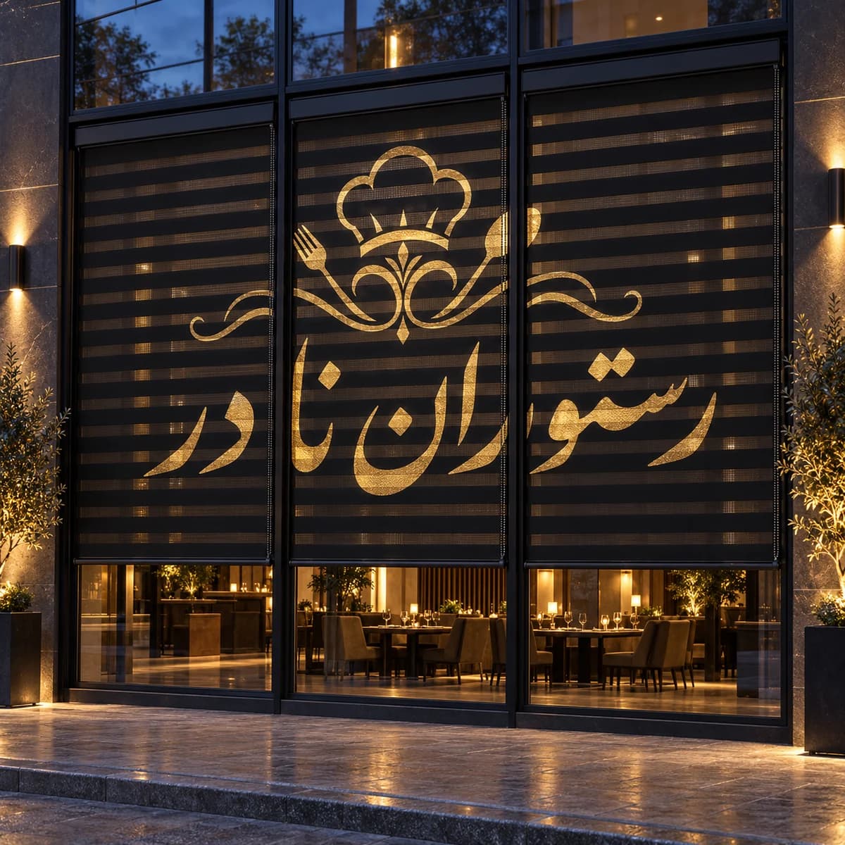 پرده زبرا چاپی رستوران و کافه زیو با طرح و لوگوی سفارشی