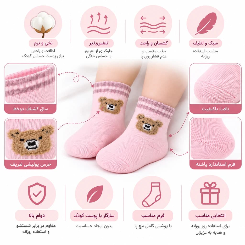 ‫جوراب نوزادی صورتی خرس پولیشی پاپک مدل 050615/2 — تصویر ۷