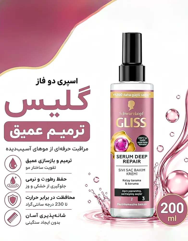 اسپری مو دو فاز گلیس مدل SERUM DEEP REPAIR | حجم 200 میل — تصویر ۲