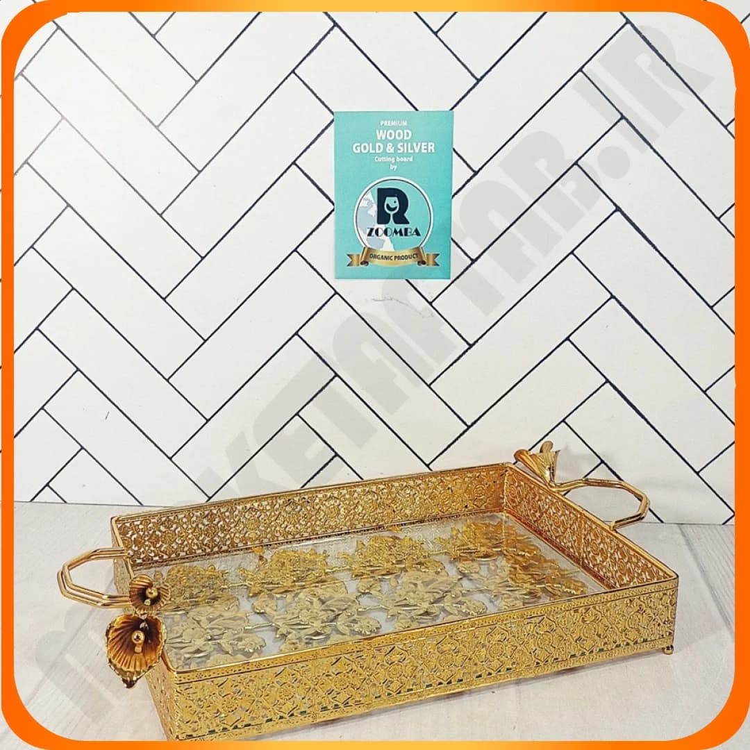 سینی مستطیل کف گل و شیشه لاکچری گشنیز طلایی زومبا