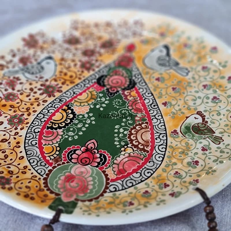 بشقاب دیوارکوب سرامیکی نقاشی گل و مرغ زنگوله دار بزرگ — تصویر ۳