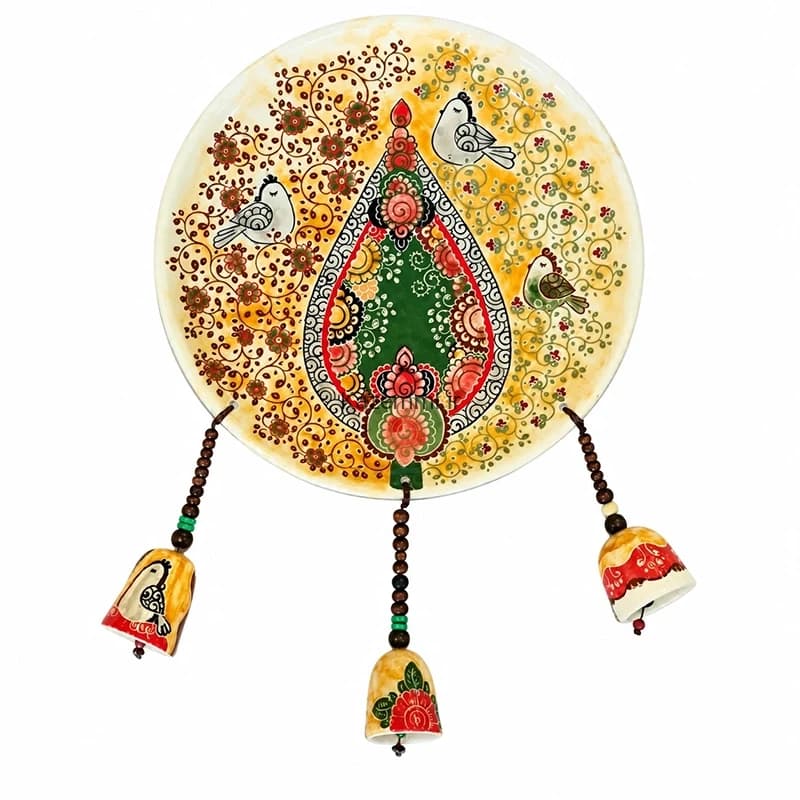 بشقاب دیوارکوب سرامیکی نقاشی گل و مرغ زنگوله دار بزرگ