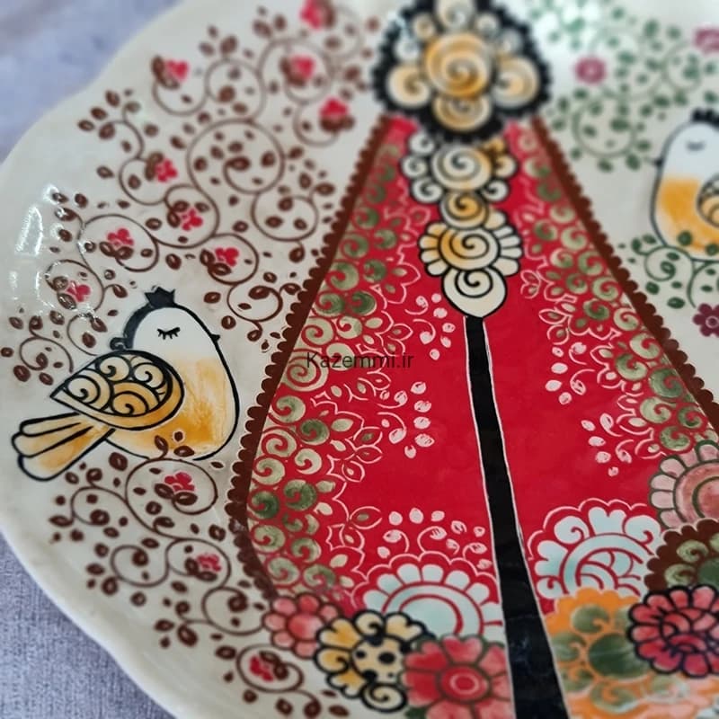 بشقاب دیوارکوب سرامیکی نقاشی گل و مرغ متوسط — تصویر ۶