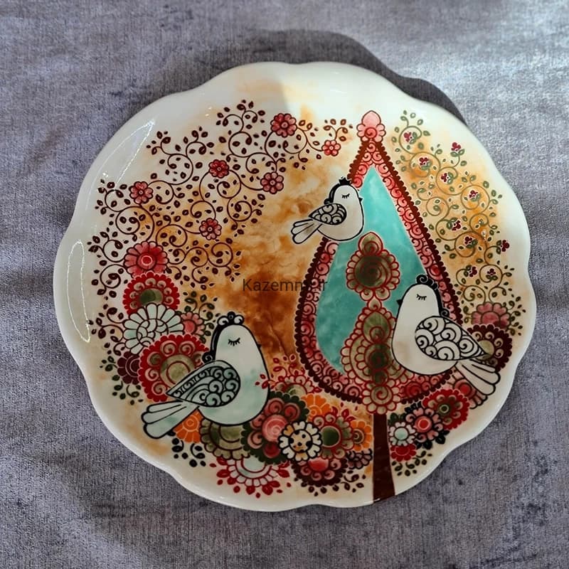 بشقاب دیوارکوب سرامیکی نقاشی گل و مرغ بزرگ — تصویر ۵