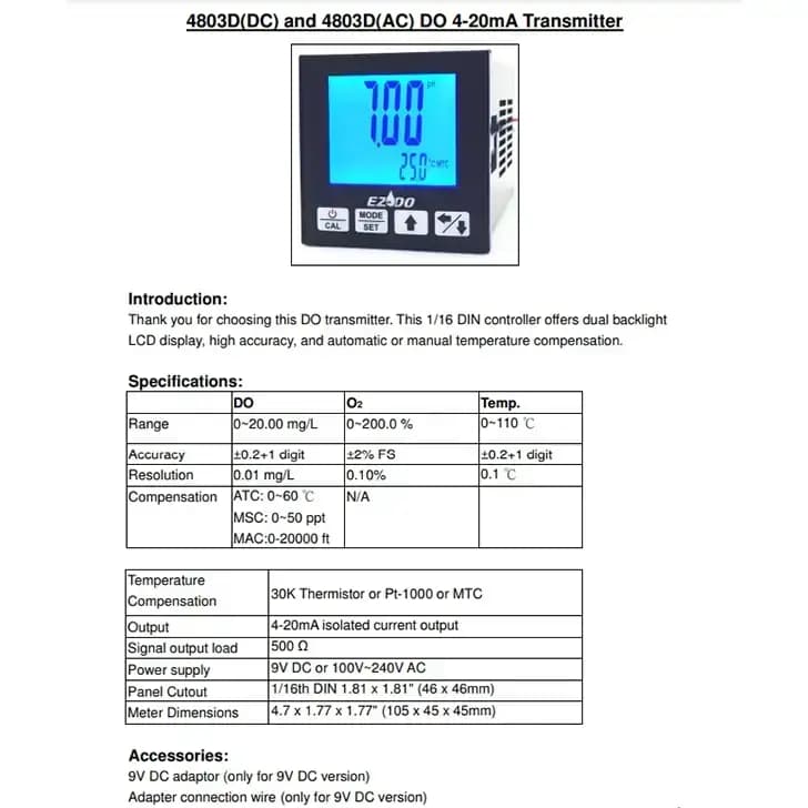 ترانسمیتر و نمایشگر اکسیژن محلول DO ازدو مدل EZDO 4803D — تصویر ۲