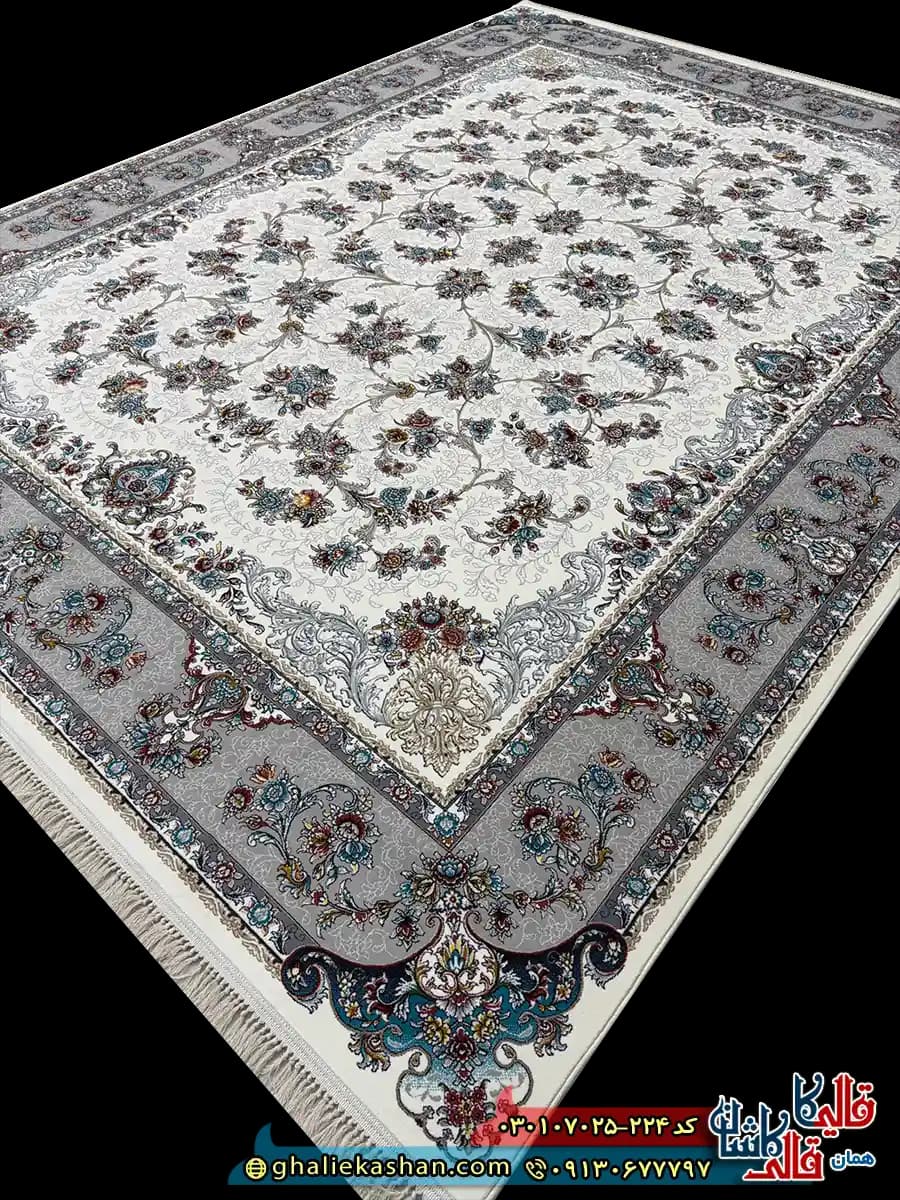 فرش کلاسیک 700 شانه طرح افشان حریر رنگ کرم کاشان — تصویر ۲