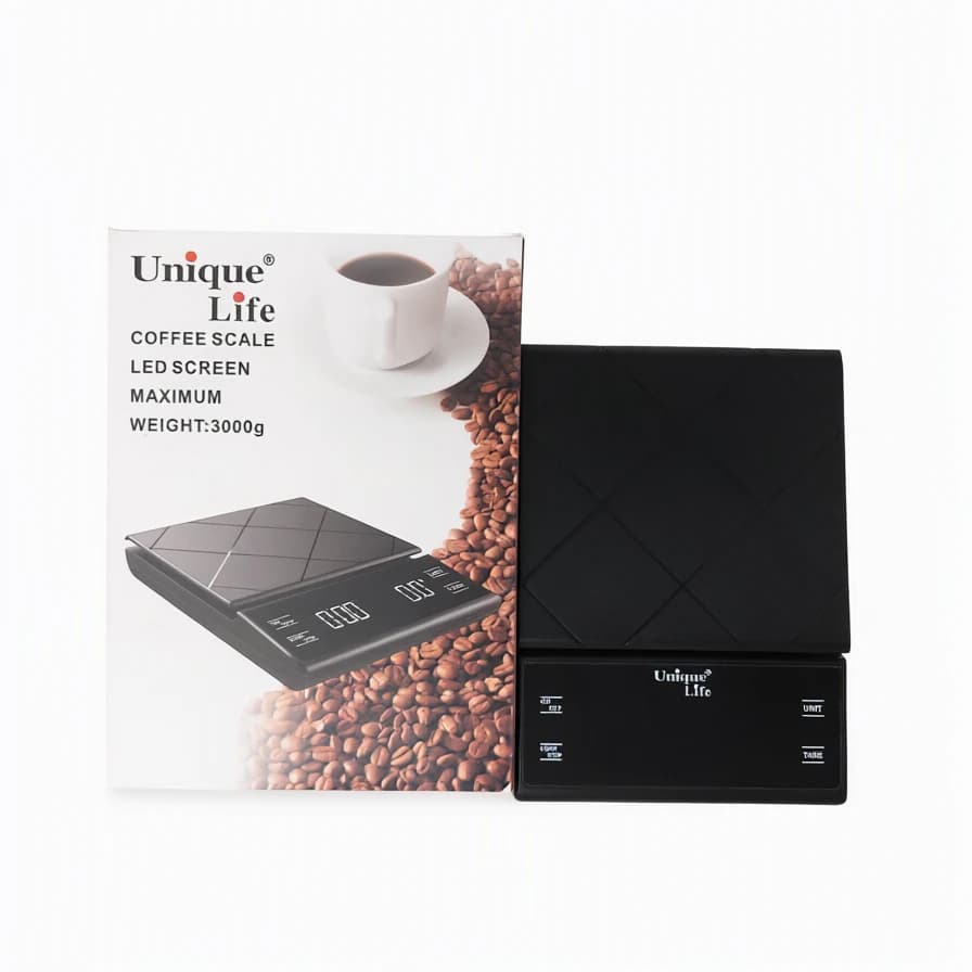 ترازوی دیجیتال قهوه یونیک لایف مدل طرح‌دار (Unique Life) تایمردار با دقت ۰.۱ گرم