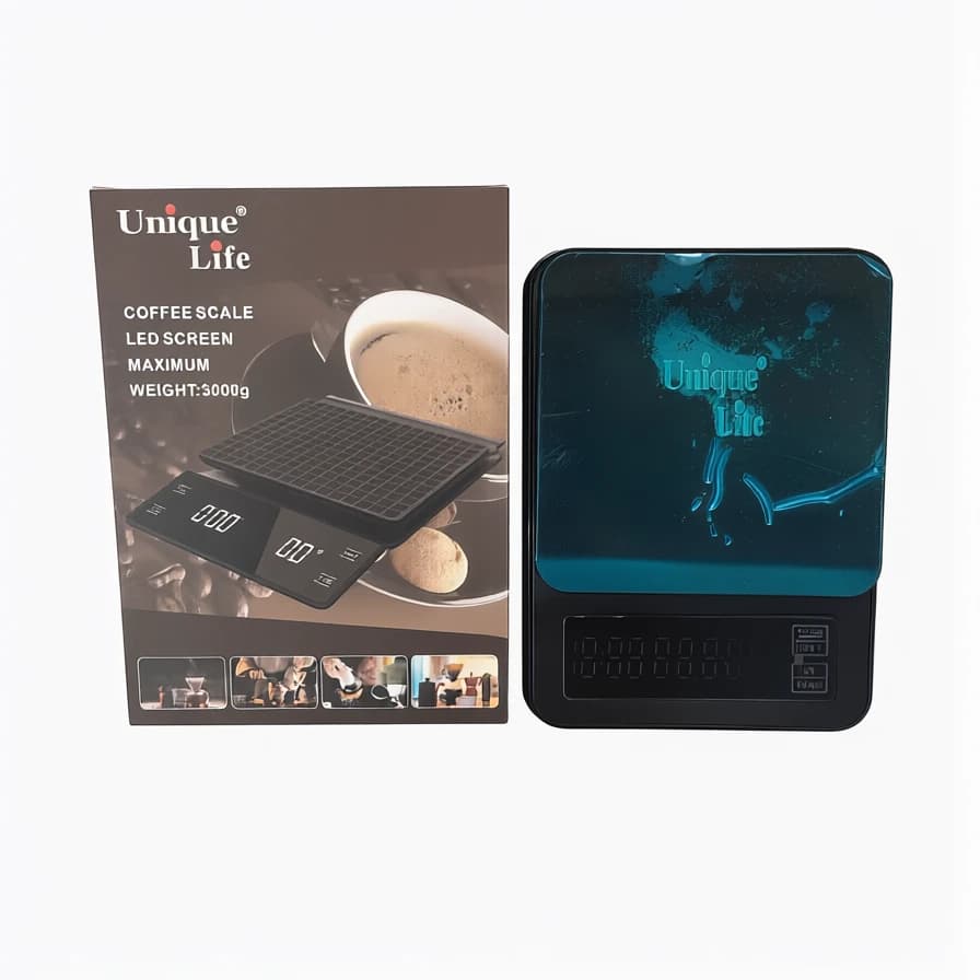 ترازوی دیجیتال قهوه یونیک لایف مدل Unique Life با ظرفیت ۳ کیلوگرم و دقت ۰.۱ گرم (نمایشگر LED و تایمردار)