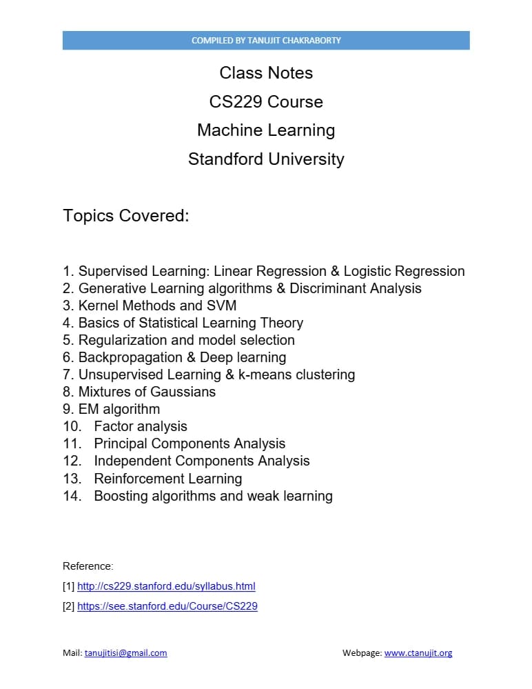 یادداشت و جزوه یادگیری ماشین دوره CS229 (CS229 Machine Learning Class Notes) نسخه انگلیسی PDF | تانوجیت چاکرابورتی