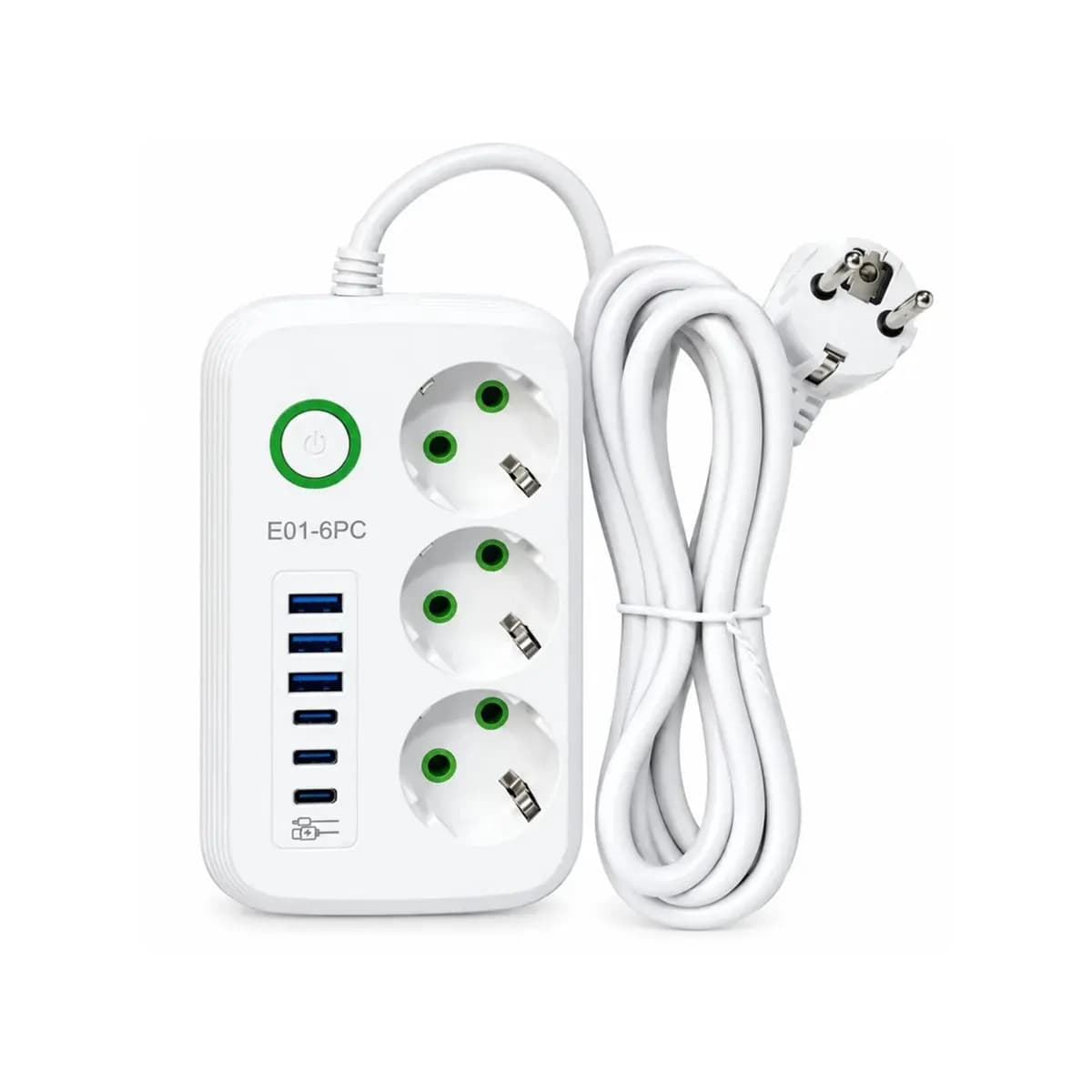 چندراهی برق و شارژر هوشمند E01-6PC | مجهز به ۳ پریز، ۳ پورت تایپ سی و ۳ پورت USB