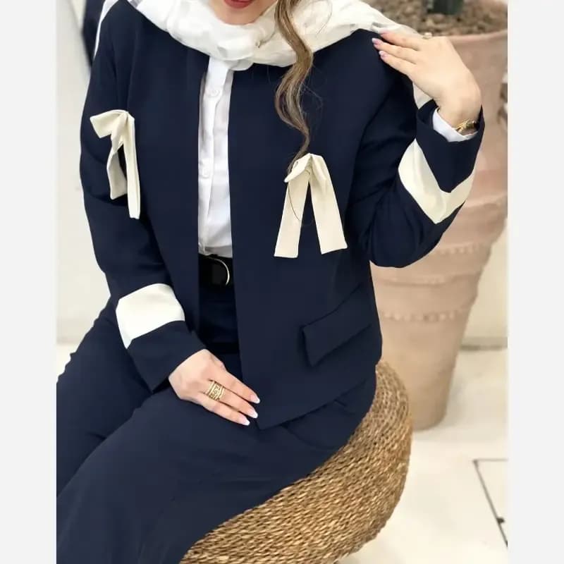 کت شلوار زنانه مجلسی پارچه مازراتی دبل سایز بزرگ و معمولی مدل پاپیون — تصویر ۲
