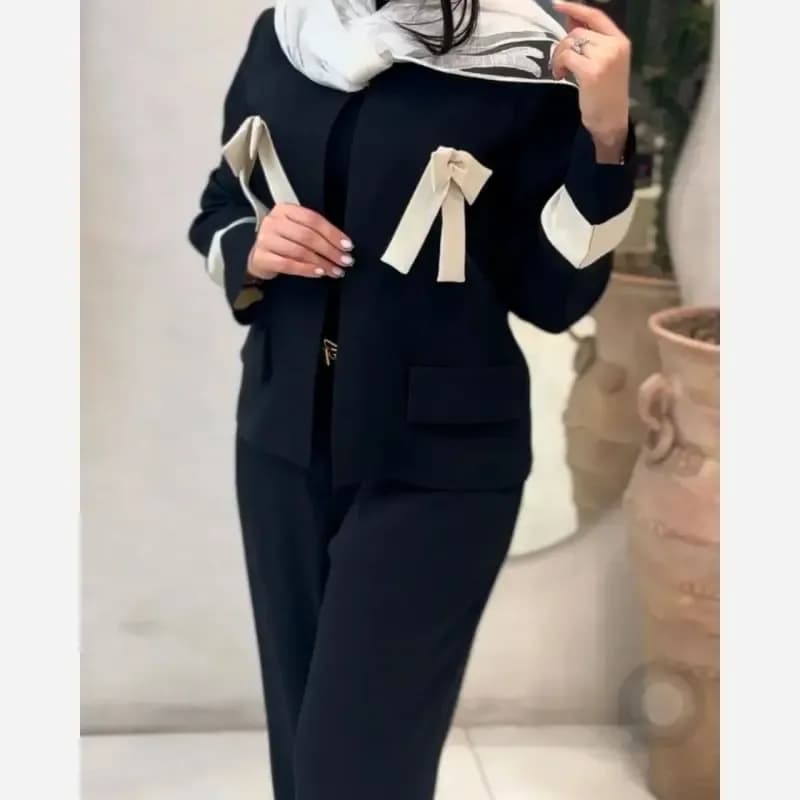 کت شلوار زنانه مجلسی پارچه مازراتی دبل سایز بزرگ و معمولی مدل پاپیون — تصویر ۴