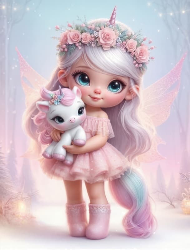 پوستر دیواری فانتزی کودکانه طرح فرشته کوچولو و تک‌شاخ رویایی (مدل Fairy Unicorn Dream)