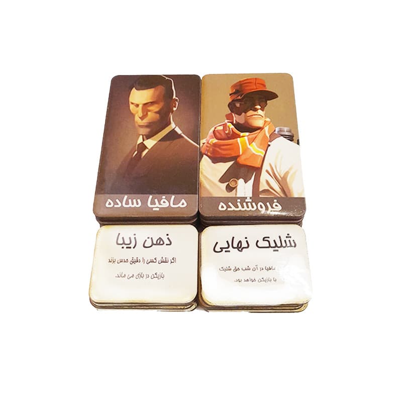 بازی فکری مدل کارت شب های مافیا با جعبه چوبی داخلی، نقش مخفی خانوادگی و مهارتی، دارای کارت نقش دلخواه و چاپ مقاوم ضد رطوبت، درجه سختی آسان، تولید داخل کشور — تصویر ۵
