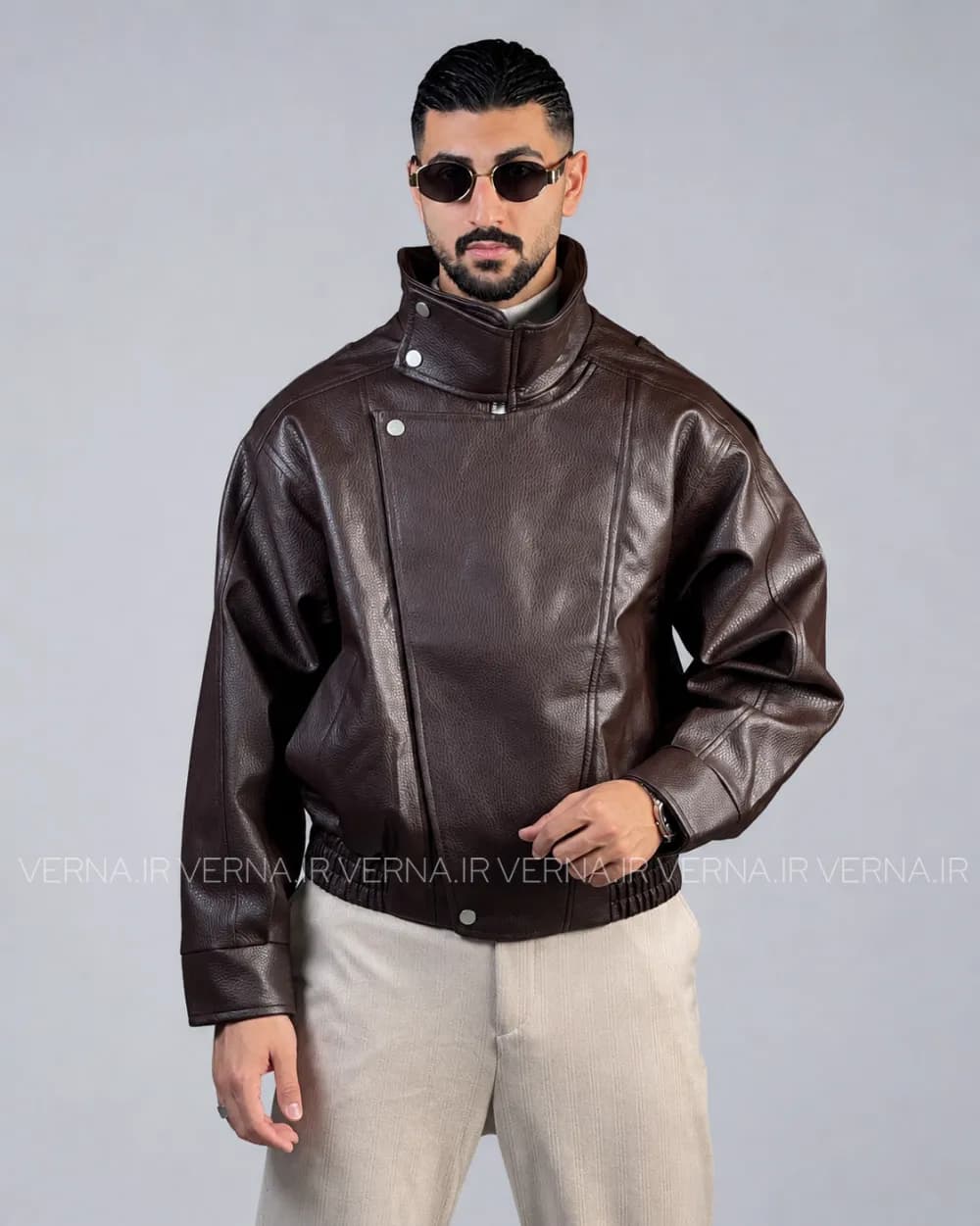 کاپشن چرم مردانه یقه ایستاده AD4063 — تصویر ۴