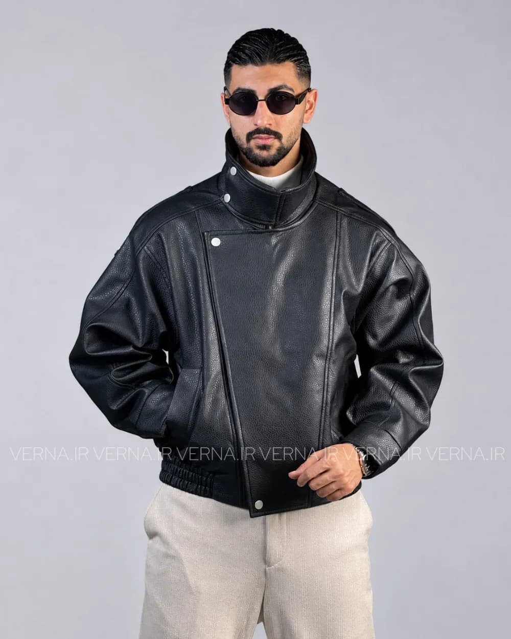 کاپشن چرم مردانه یقه ایستاده AD4063 — تصویر ۲