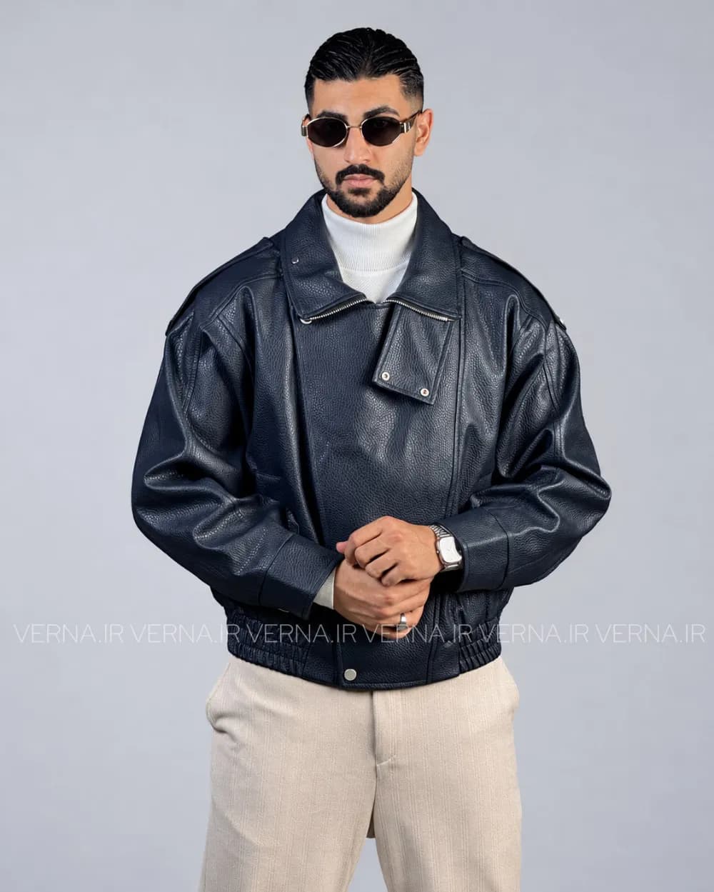 کاپشن چرم مردانه یقه ایستاده AD4063 — تصویر ۵