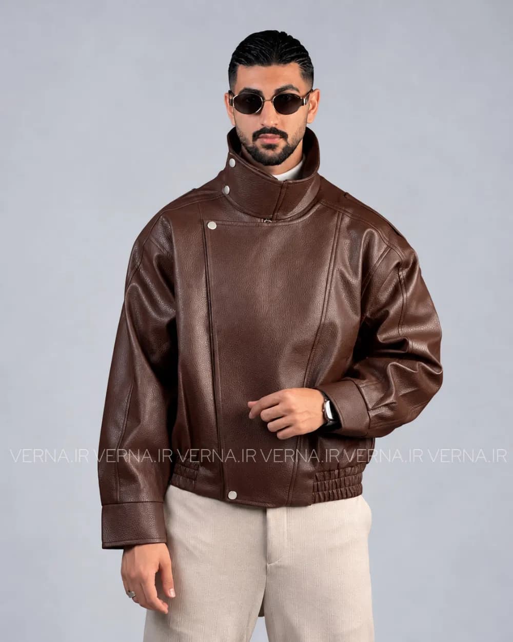 کاپشن چرم مردانه یقه ایستاده AD4063 — تصویر ۳