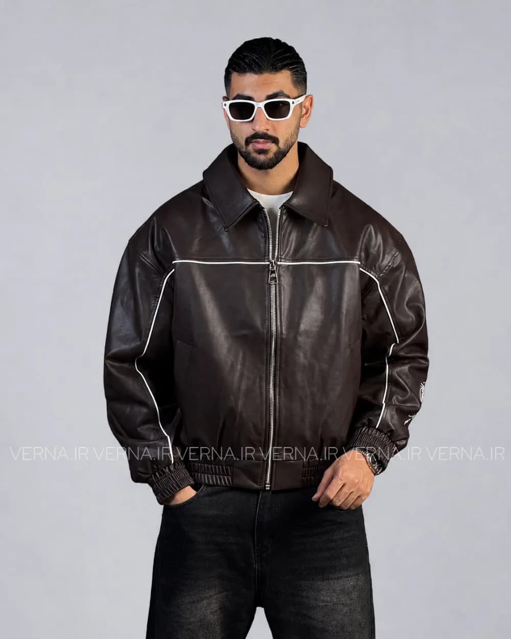 کاپشن چرم مردانه مغزی دوزی AD4069 — تصویر ۲