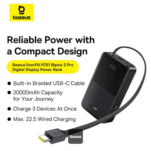 پاوربانک 22.5 وات بیسوس مدل ENERFILL PPBD2P-2020 ظرفیت 20000 میلی آمپر ساعت به همراه کابل USB-C — تصویر ۶