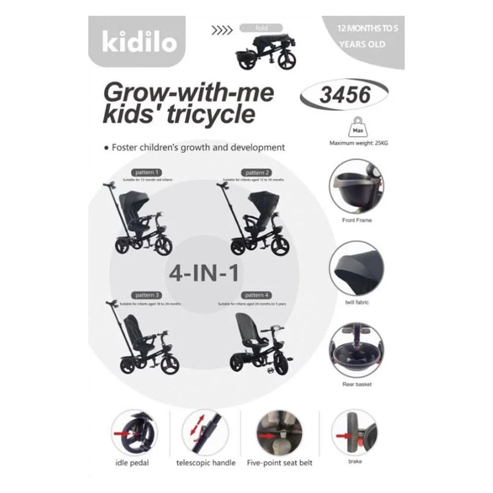سه چرخه کودک 4 کاره کیدیلو Kidilo مدل 3456 — تصویر ۲