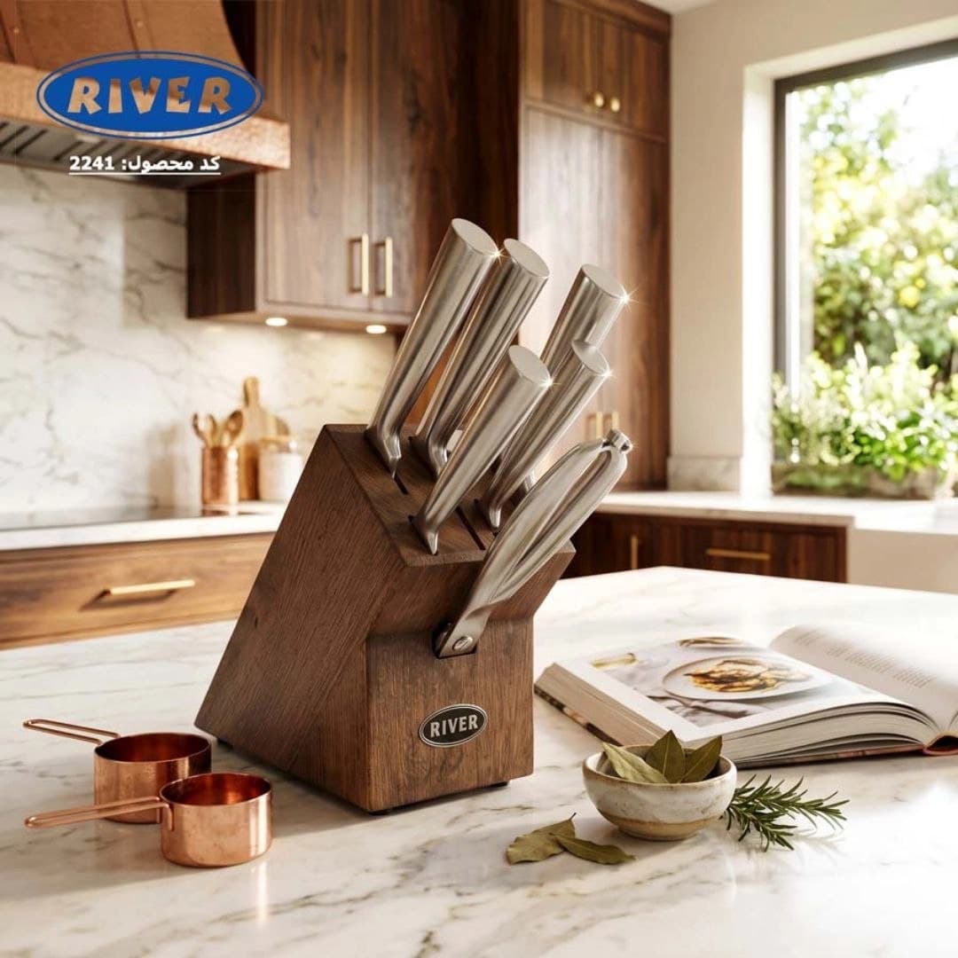 سرویس کارد و ساطور آشپزخانه 8 پارچه ریور RIVER مدل دسته صاف – استند چوبی تیره کد 2241