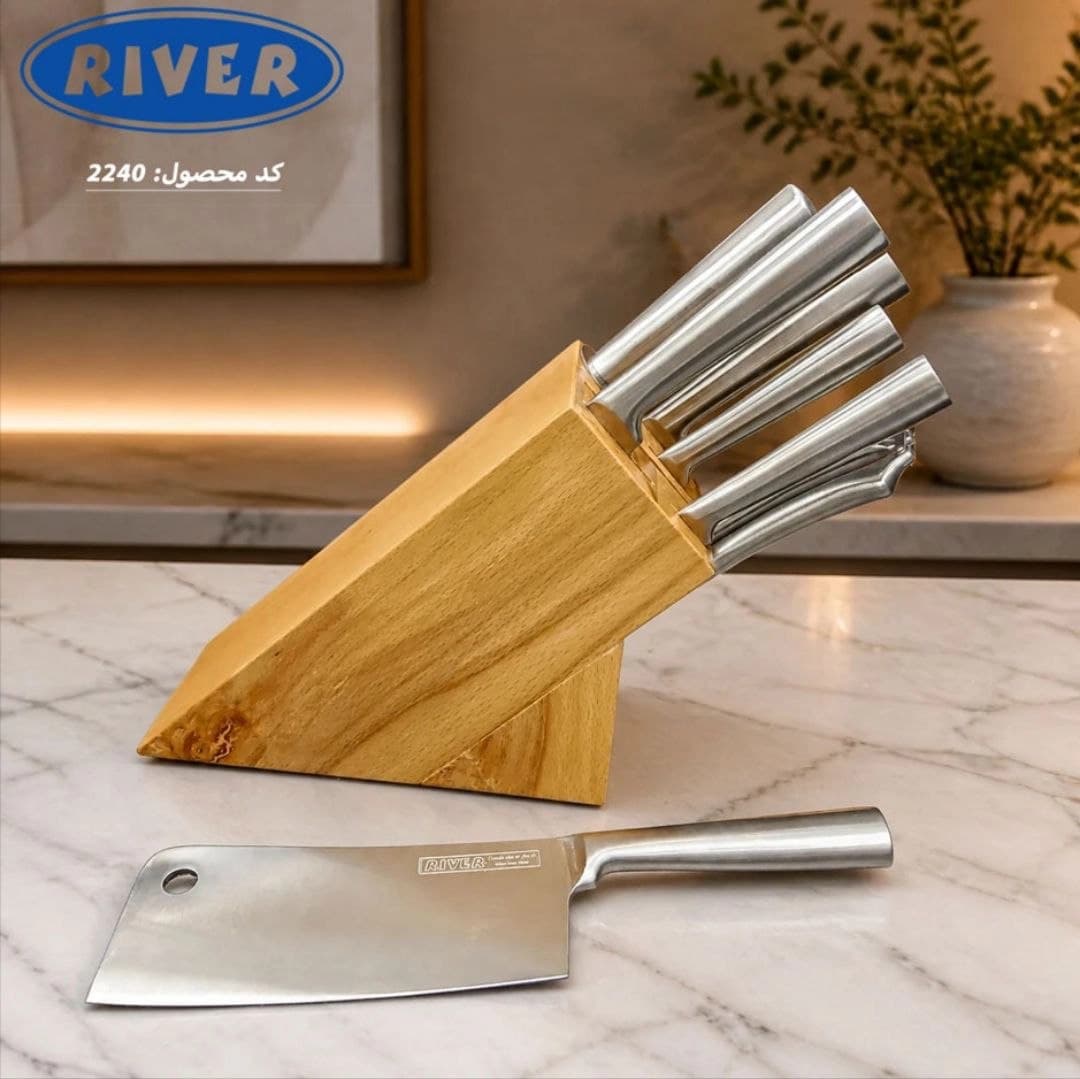سرویس کارد و ساطور آشپزخانه 8 پارچه ریور RIVER مدل دسته صاف – استند چوبی روشن کد 2240