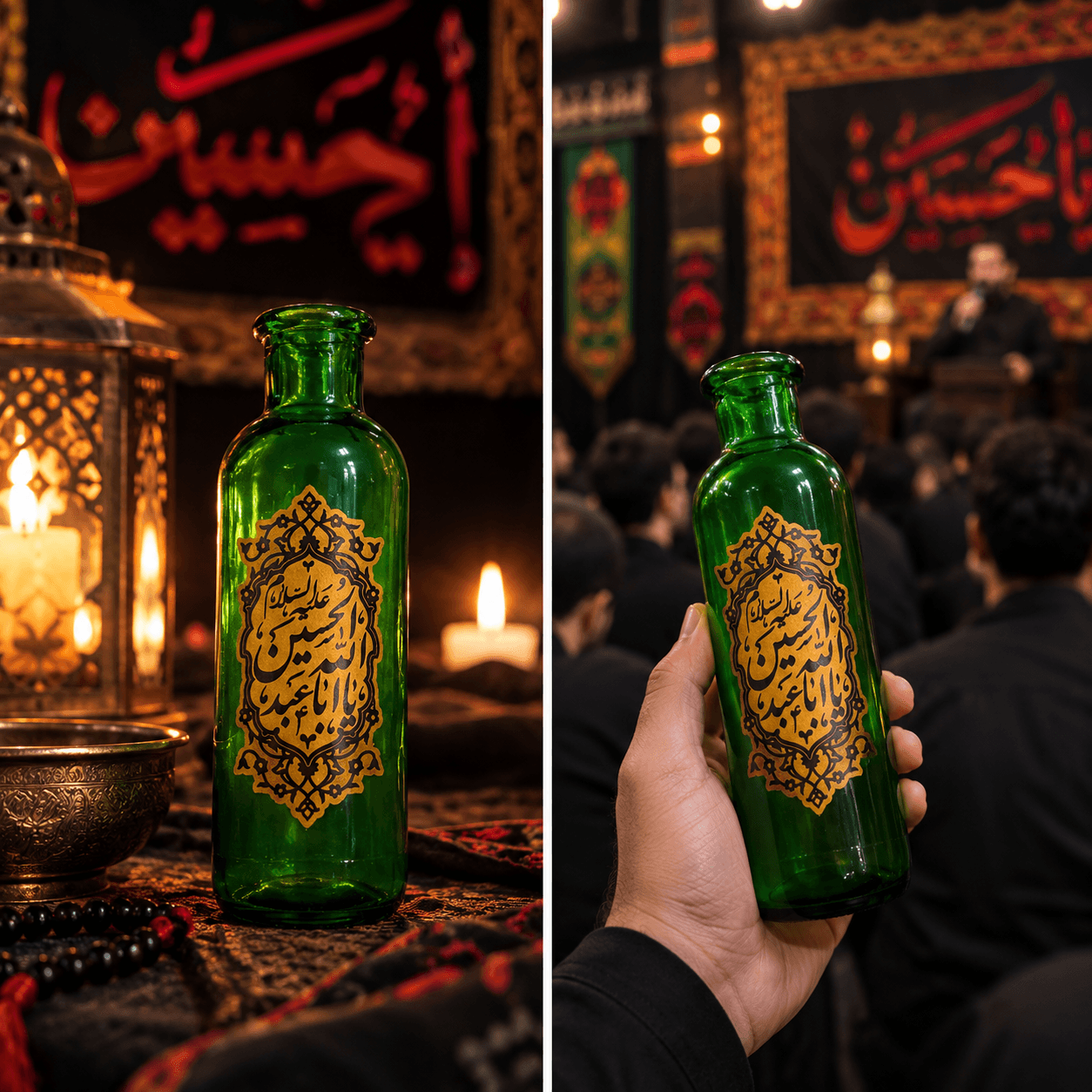 گلدان شیشه‌ای سبز طرح یا اباعبدالله — تصویر ۲