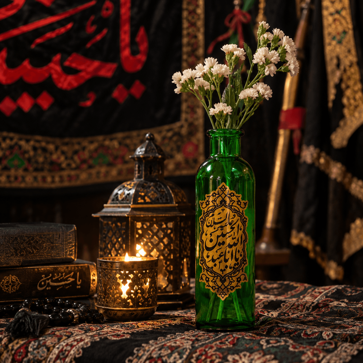 گلدان شیشه‌ای سبز طرح یا اباعبدالله — تصویر ۳
