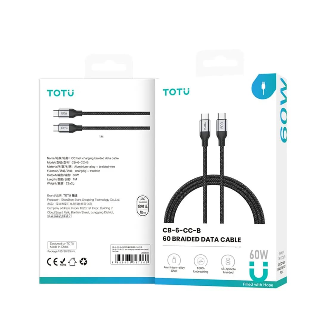 کابل شارژر USB-C to USB-C توتو (TOTU) مدل CB-6-CC-B 60w یک متری — تصویر ۲