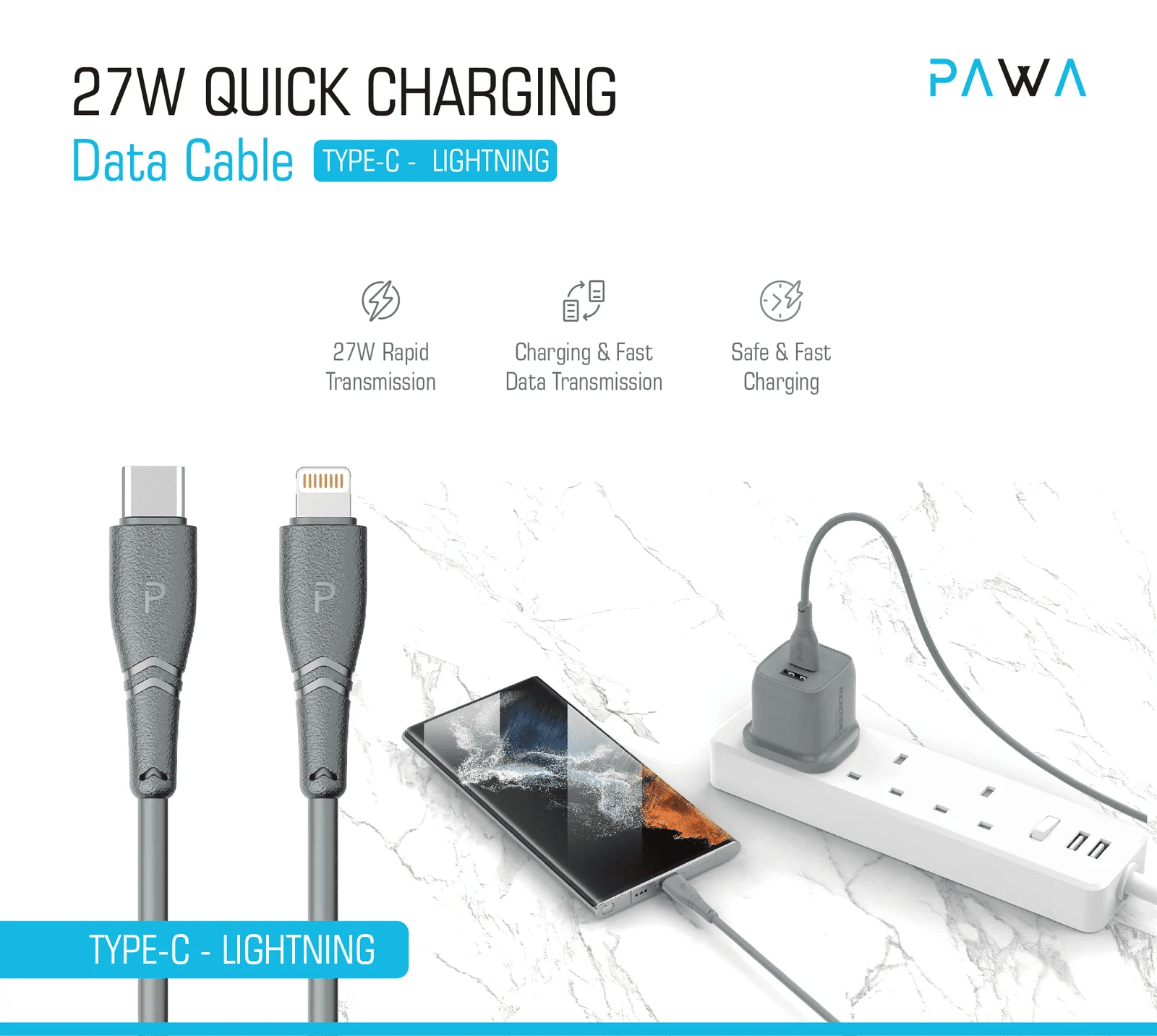 کابل شارژ سریع پاوا (Pawa) USB-A به لایتنینگ 3 آمپر PVC طول 1.2 متر برای آیفون و آیپد — تصویر ۳